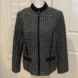 Chico’s black and white woven ribbon blazer beaded neckline and pockets 1/US8